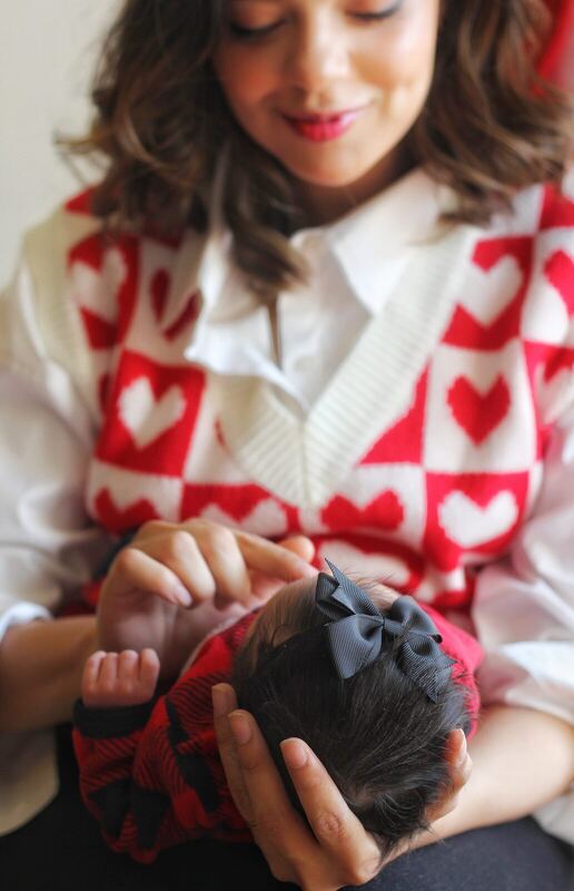 Mom and baby in heart cardigan